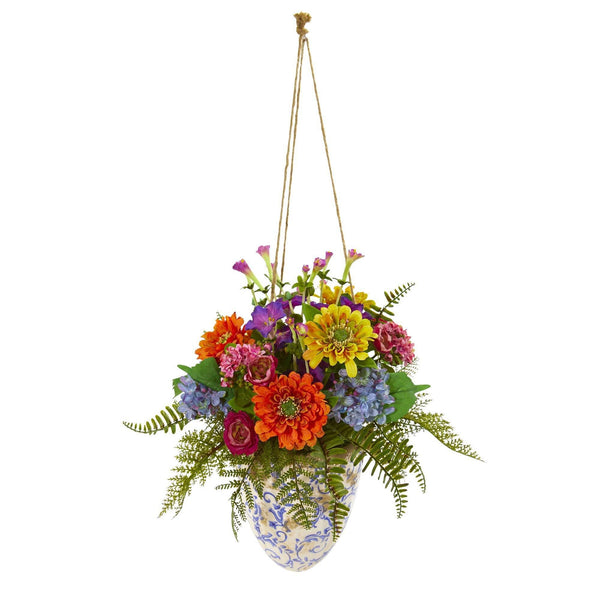 29” Mixed Flowers Artificial Plant in Hanging Vase