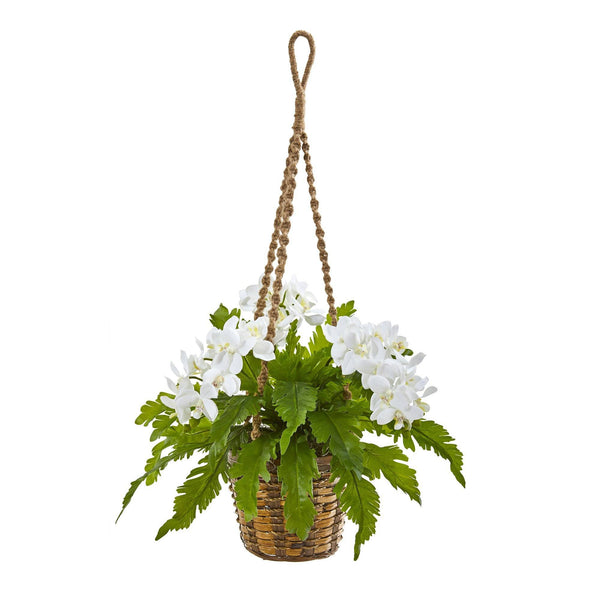 29” Phalaenopsis Orchid & Fern Artificial Plant in Hanging Basket