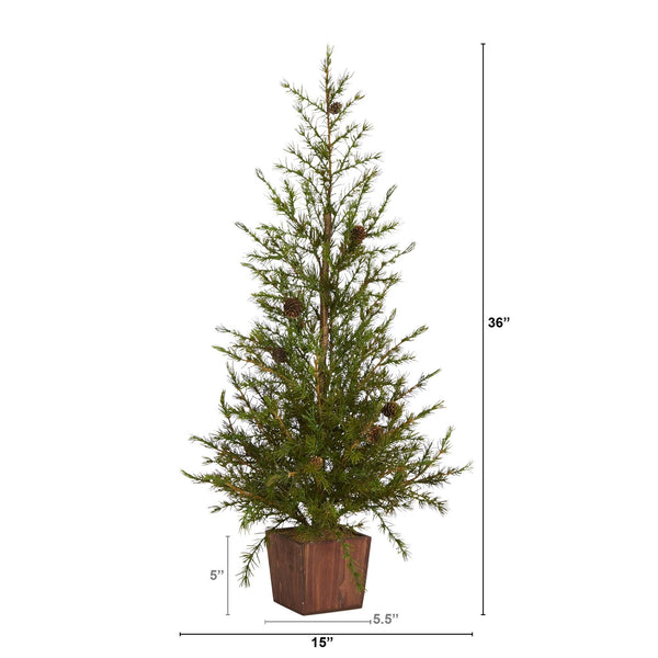 3’ Alpine “Natural Look” Artificial Christmas Tree in Wood Planter with Pine Cones