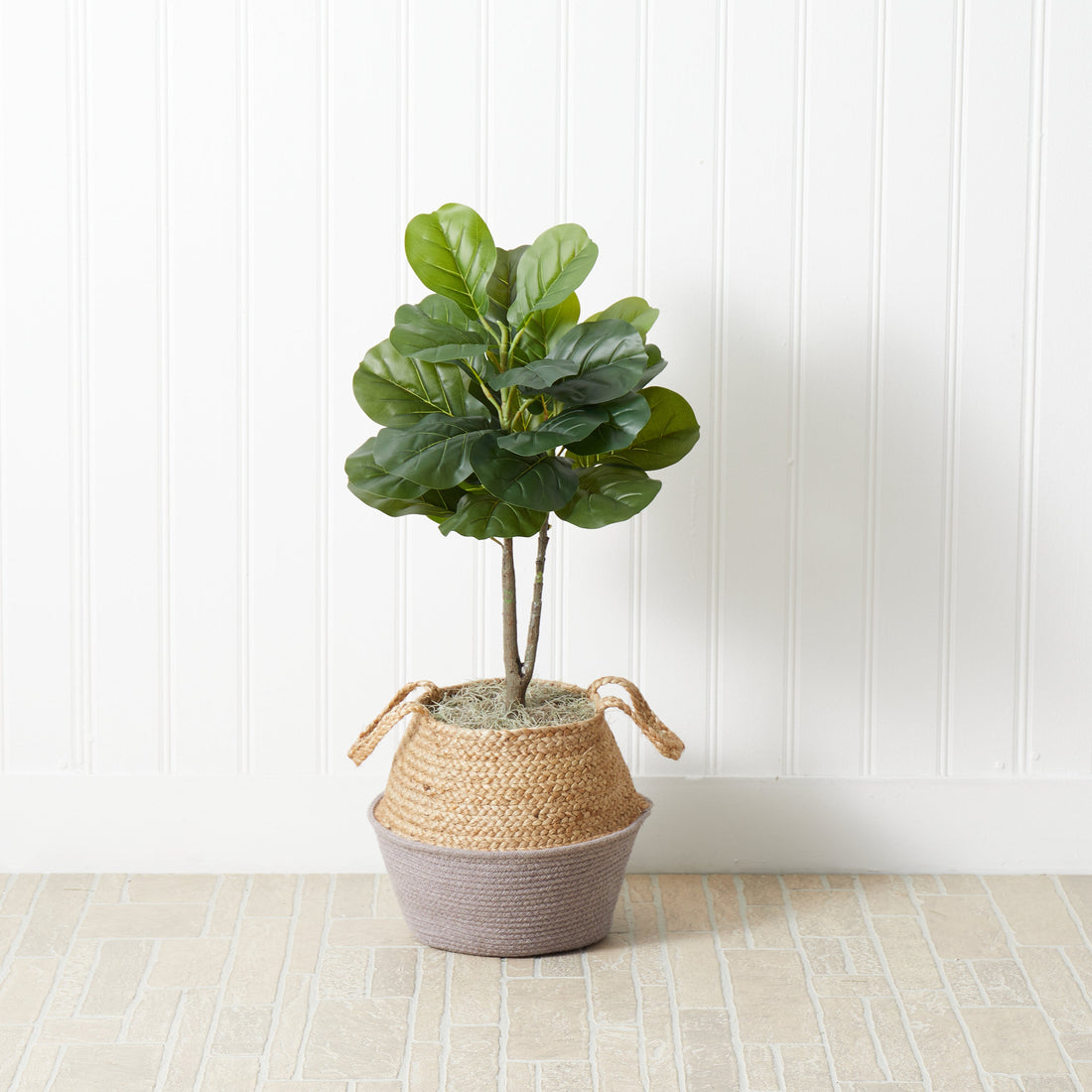 artificial plant in woven basket 3' Artificial Fiddle Leaf Fig Tree with Handmade Cotton & Jute Woven B – Nearly Natural