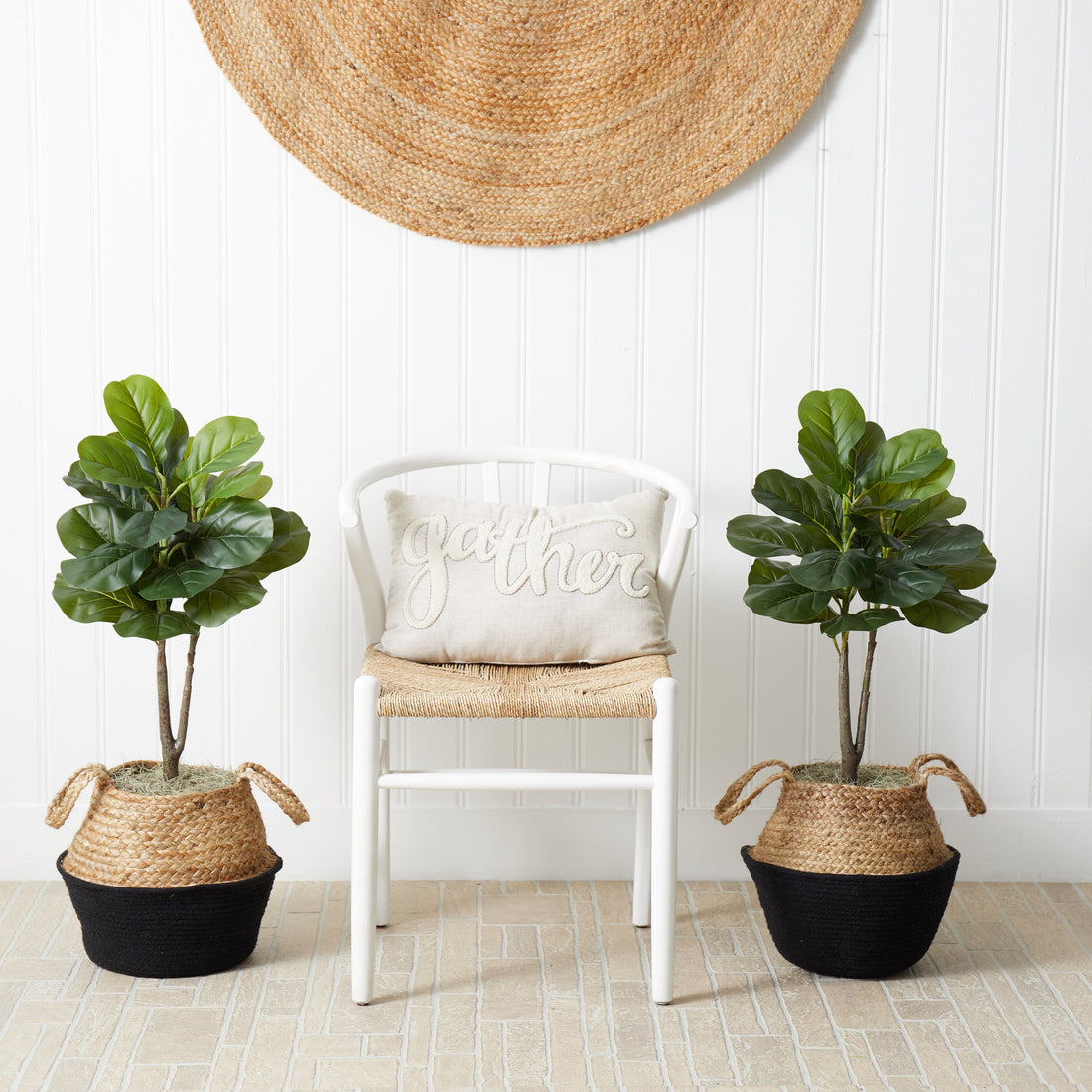 fake plant in woven basket 3' Artificial Fiddle Leaf Fig Tree with Handmade Cotton & Jute Woven P –  Nearly Natural