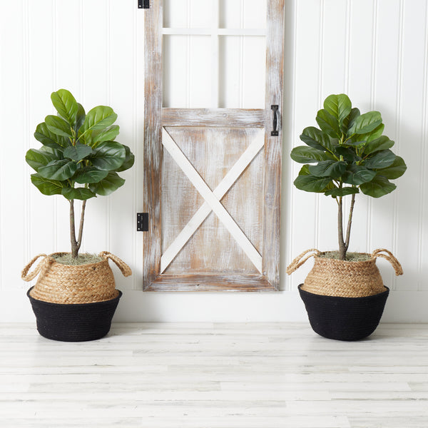3’ Artificial Fiddle Leaf Fig Tree with Handmade Cotton & Jute Woven Planter DIY Kit - Set of 2