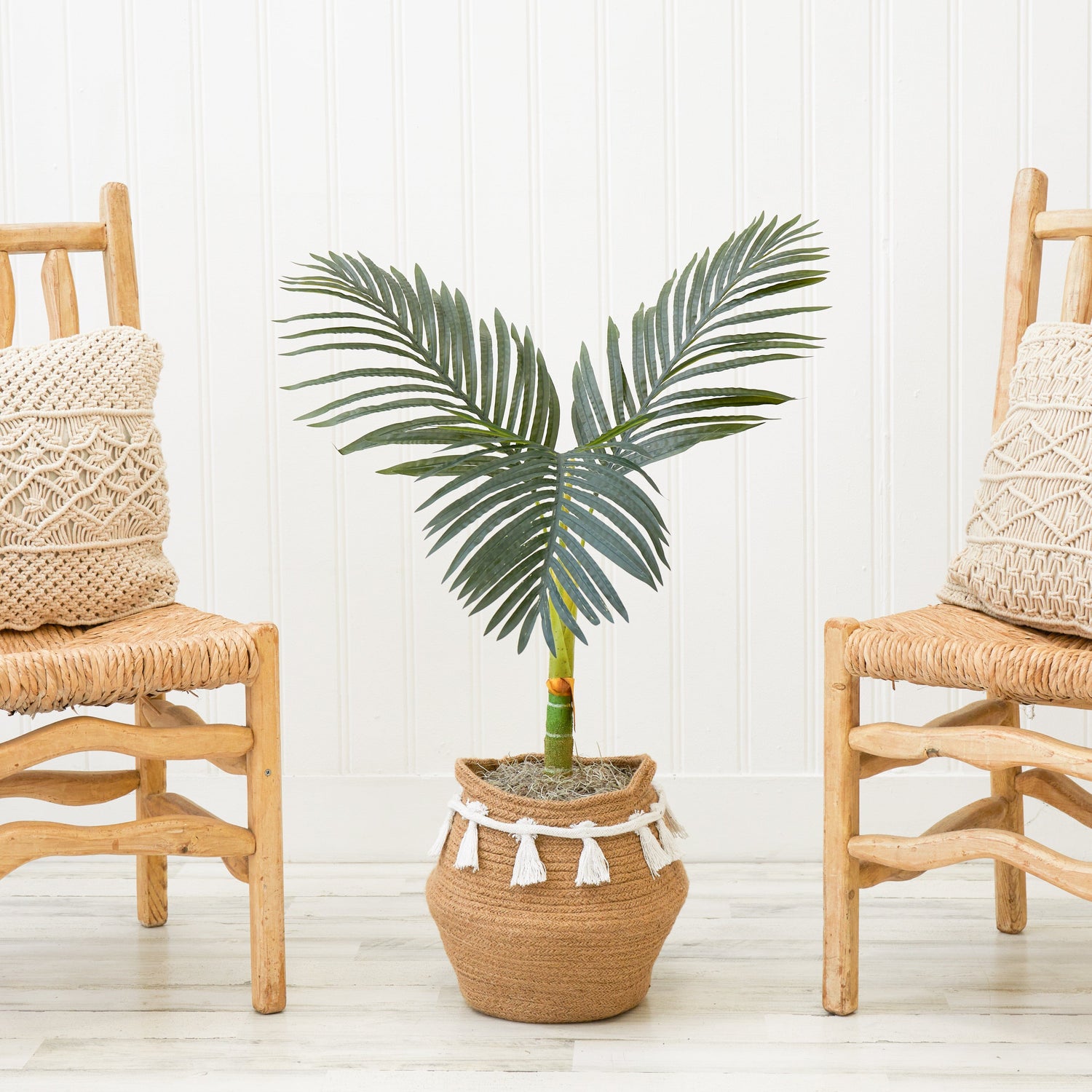 3' Artificial Golden Cane Palm Tree with Handmade Jute & Cotton Basket with Tassels DIY KIT
