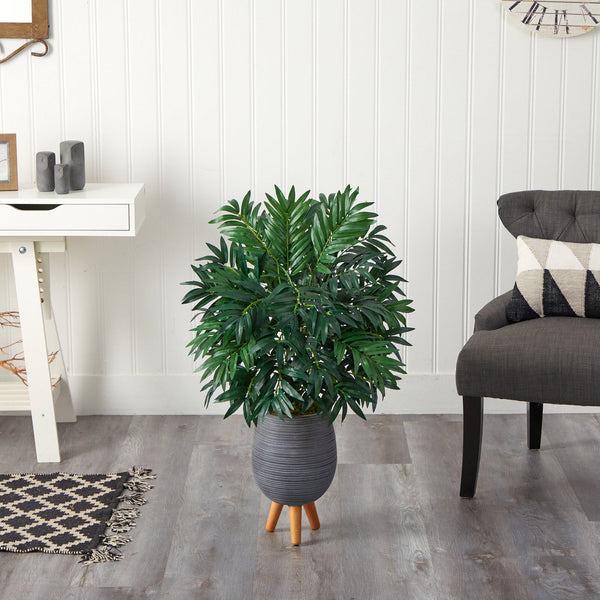 3’ Bamboo Palm Artificial Plant in Gray Planter with Stand