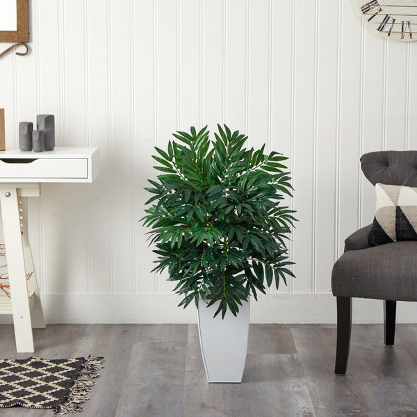 3’ Bamboo Palm Artificial Plant in White Metal Planter