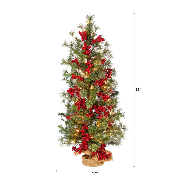 3’ Berry and Pine Artificial Christmas Tree with 50 Warm White Lights and Burlap Wrapped Base