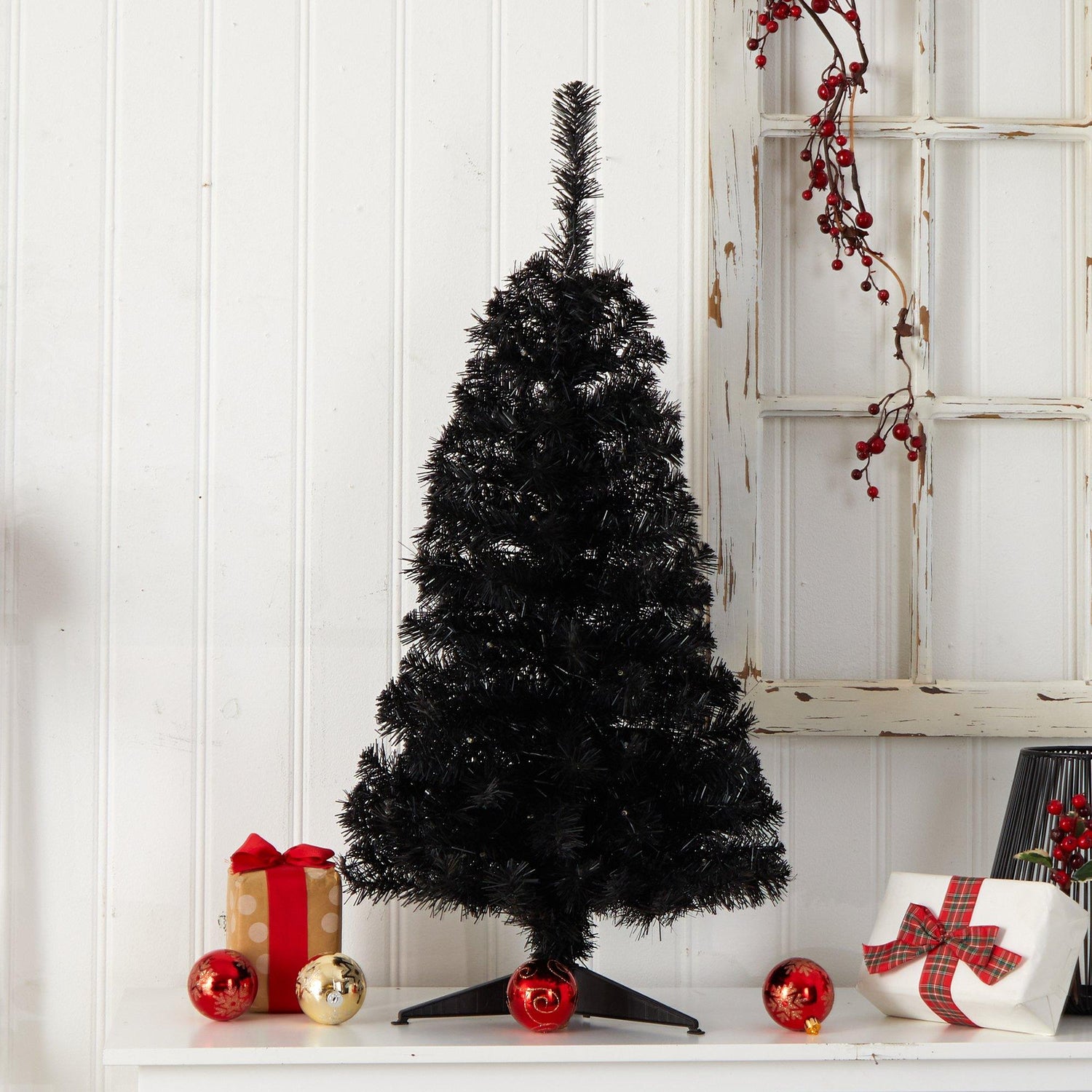 3’ Black Artificial Christmas Tree with 50 LED Lights and 118 Bendable Branches