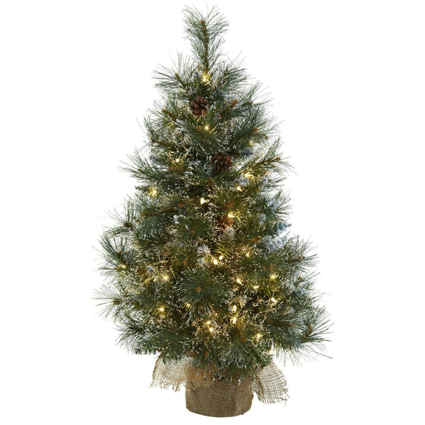3’ Christmas Tree w/Clear Lights, Frosted Tips, Pine Cones & Burlap Bag