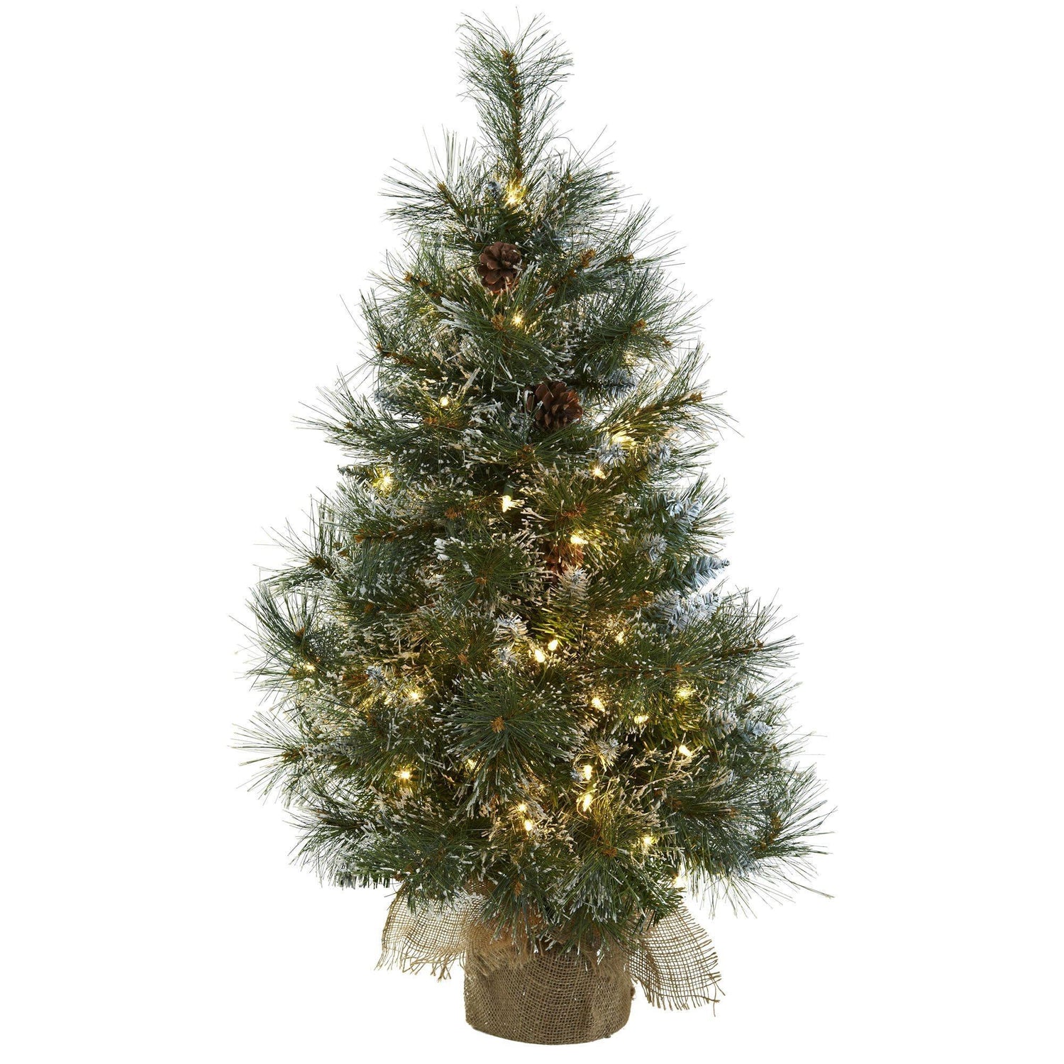3’ Christmas Tree w/Clear Lights, Frosted Tips, Pine Cones & Burlap Bag