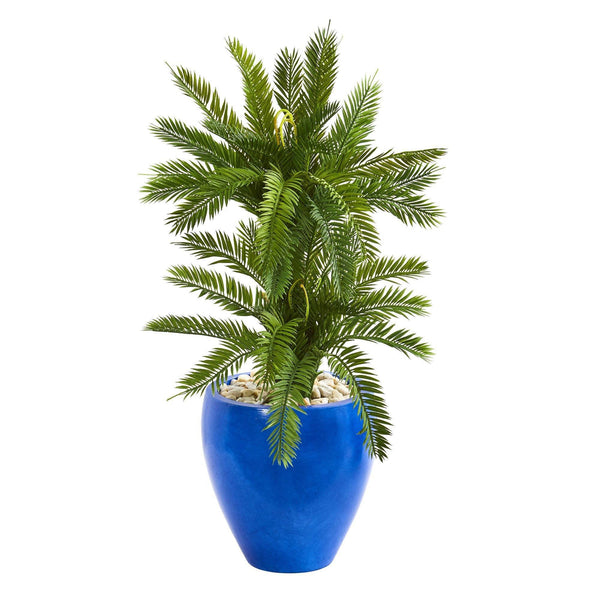 3’ Double Cycas Artificial Plant in Blue Planter