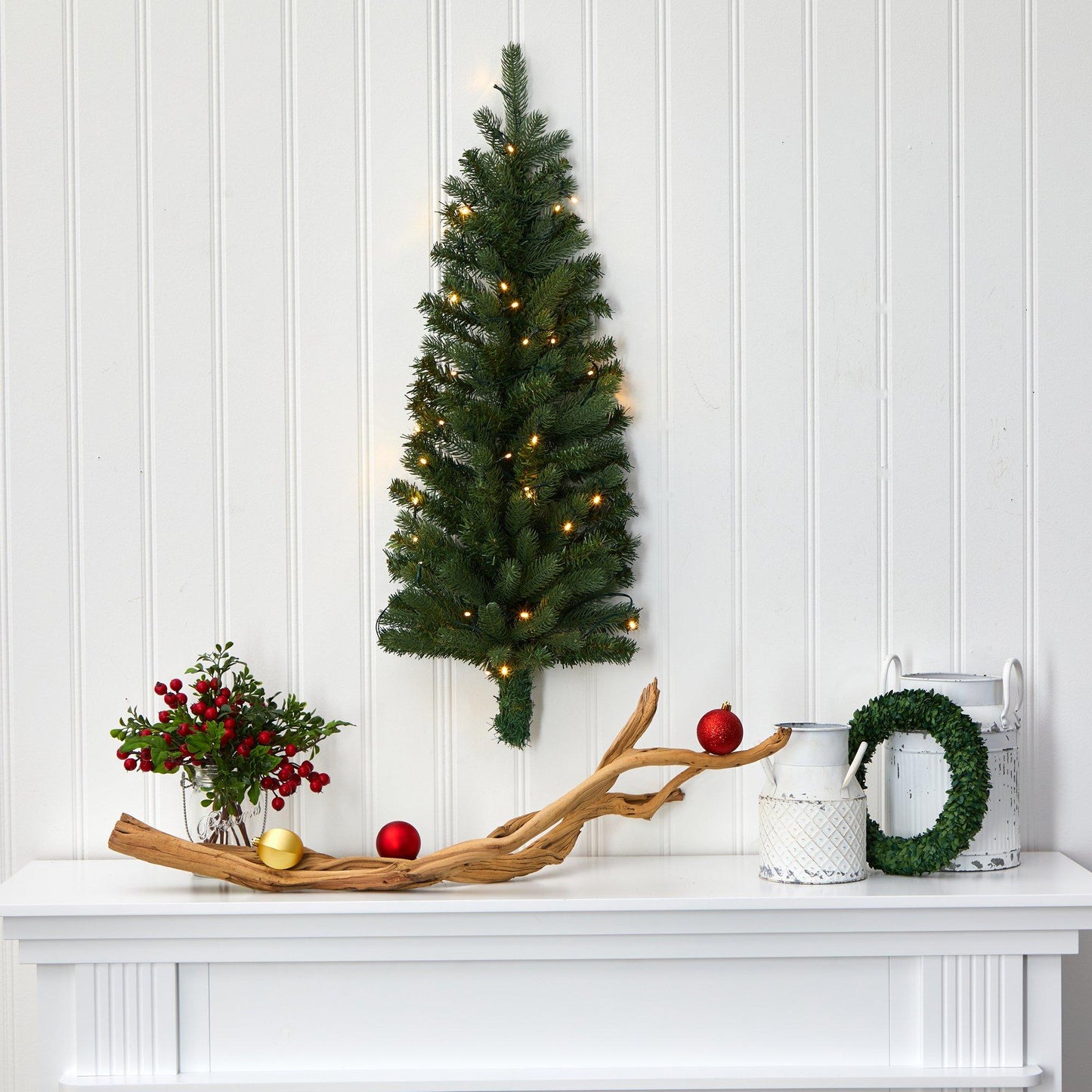 3' Flat Back Wall Hanging Artificial Christmas Tree with 35 Clear LED ...