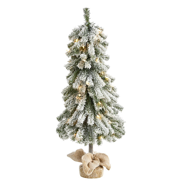 3’ Flocked Alpine Artificial Christmas Tree with 50 Lights, 177 Bendable Branches and a Burlap Planter