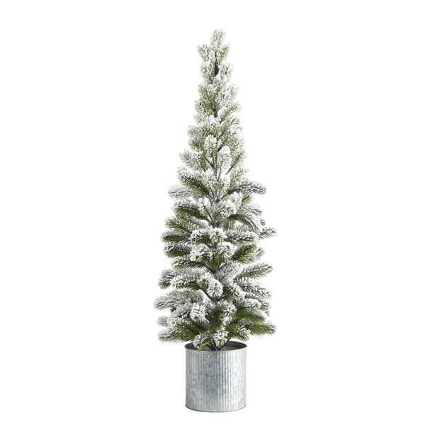 3’ Flocked Christmas Artificial Pine Christmas Tree in Tin Planter