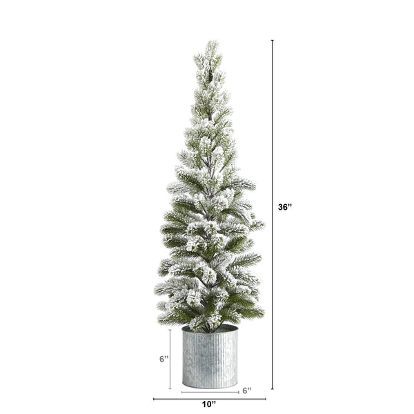 3’ Flocked Christmas Artificial Pine Christmas Tree in Tin Planter
