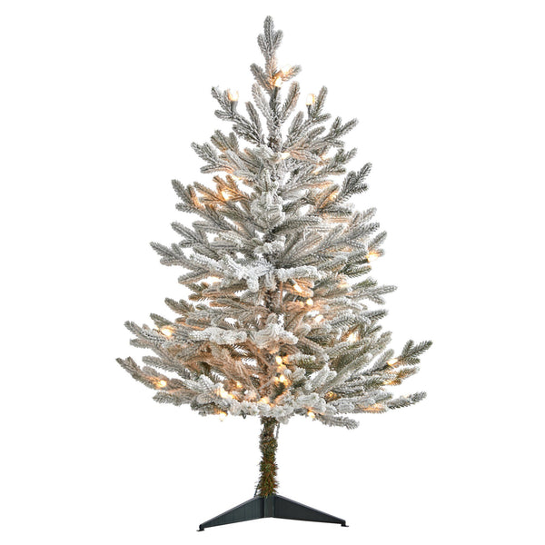 3’ Flocked Fraser Fir Artificial Christmas Tree with 200 Warm White Lights and 481 Bendable Branches