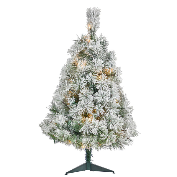 3’ Flocked Oregon Pine Artificial Christmas Tree with 50 Clear Lights and 113 Bendable Branches