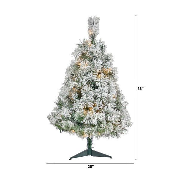 3’ Flocked Oregon Pine Artificial Christmas Tree with 50 Clear Lights and 113 Bendable Branches