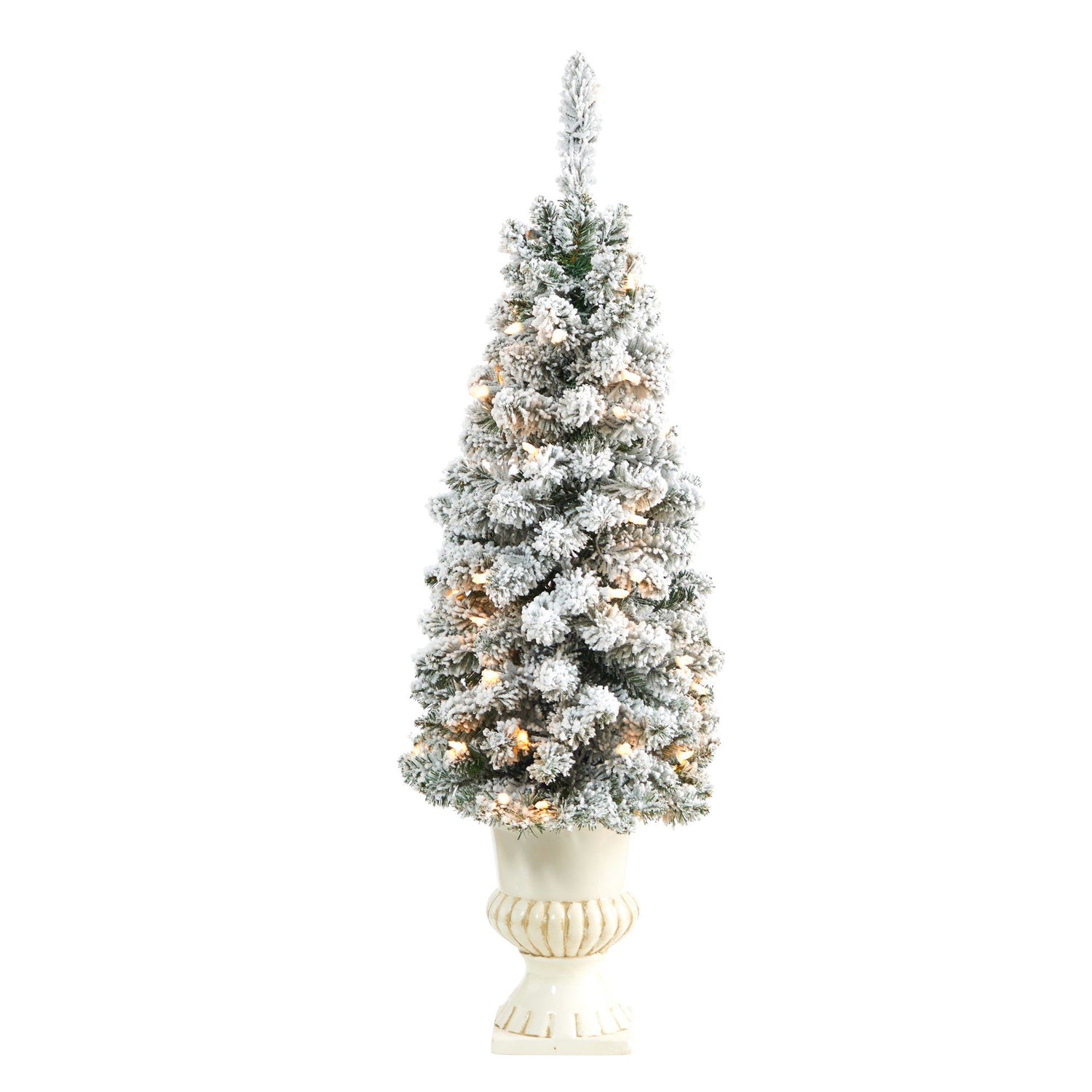 3’ Flocked Pencil Artificial Christmas Tree with 50 Clear Lights and 132 Bendable Branches in White Urn