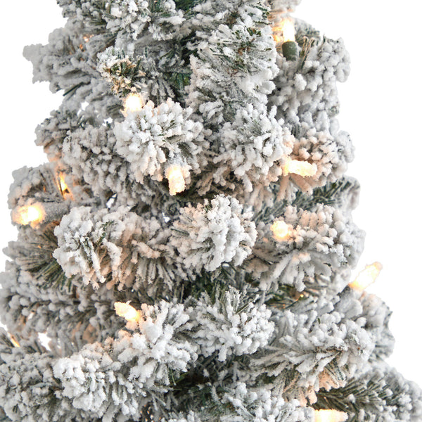 3’ Flocked Pencil Artificial Christmas Tree with 50 Clear Lights and 132 Bendable Branches