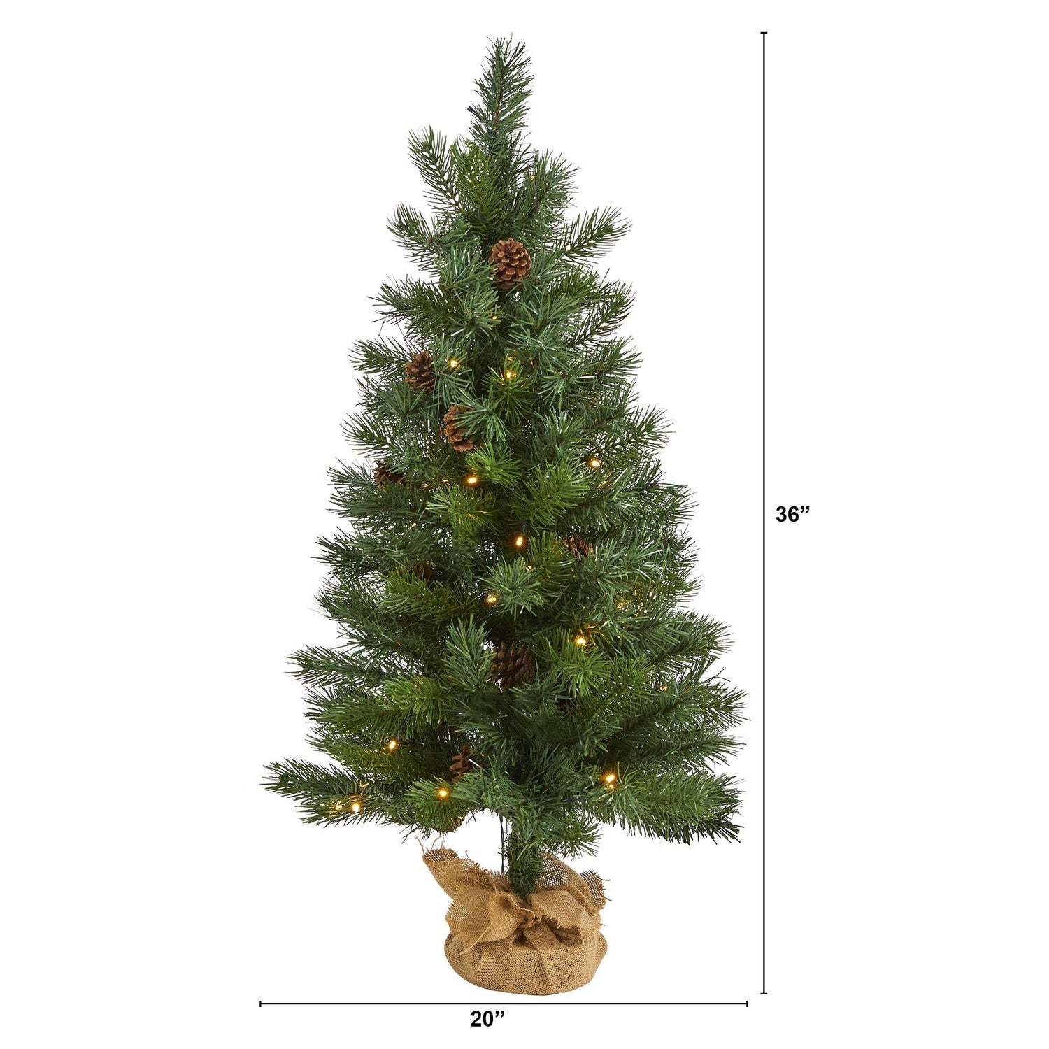 3’ Fraser Fir “Natural Look” Artificial Christmas Tree with 50 Clear LED Lights, Pinecones, a Burlap Base and 90 Bendable Branches