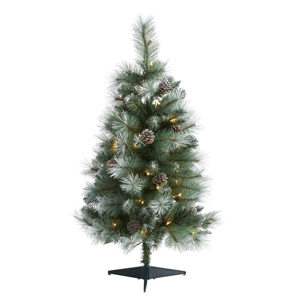 3’ Frosted Tip British Columbia Mountain Pine Artificial Christmas Tree with 50 Clear Lights, Pine Cones and 112 Bendable Branches