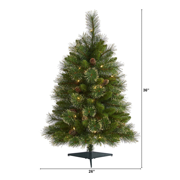 3’ Golden Tip Washington Pine Artificial Christmas Tree with 50 Clear Lights, Pine Cones and 148 Bendable Branches