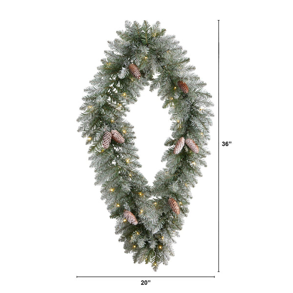3' Holiday Christmas Geometric Diamond Frosted Wreath with Pinecones and 50 Warm White LED Lights