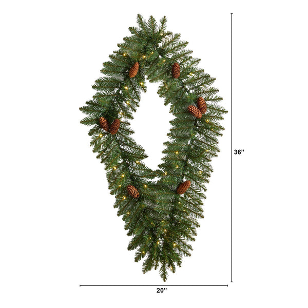 3' Holiday Christmas Geometric Diamond Wreath with Pinecones and 50 Warm White LED Lights