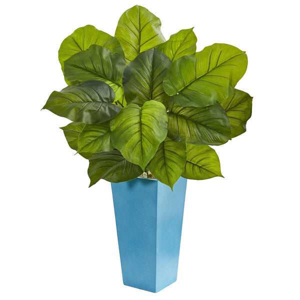 3’ Large Leaf Philodendron Artificial Plant in Turquoise Planter (Real Touch)