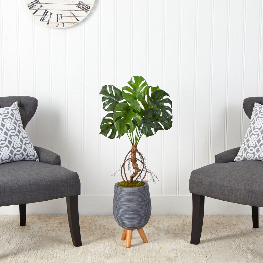 monstera stand 3' Monstera Artificial Arrangement in Gray Planter with Stand