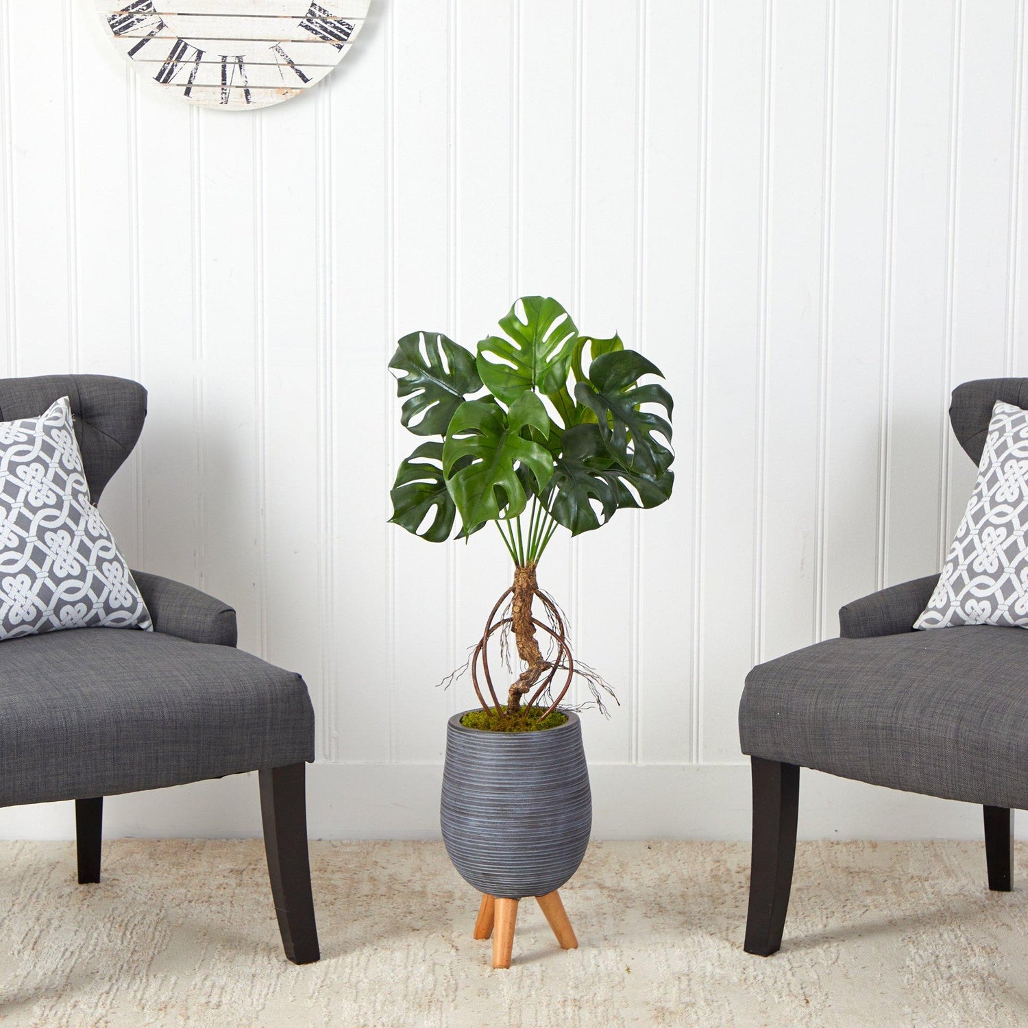 3’ Monstera Artificial Arrangement in Gray Planter with Stand