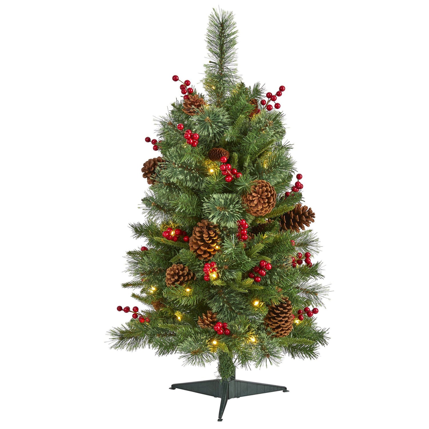 3’ Norway Mixed Pine Artificial Christmas Tree with 50 Clear LED Lights, Pine Cones and Berries
