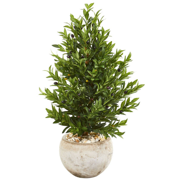 3’ Olive Cone Topiary Artificial Tree in Sand Stone Planter (Indoor/Outdoor)