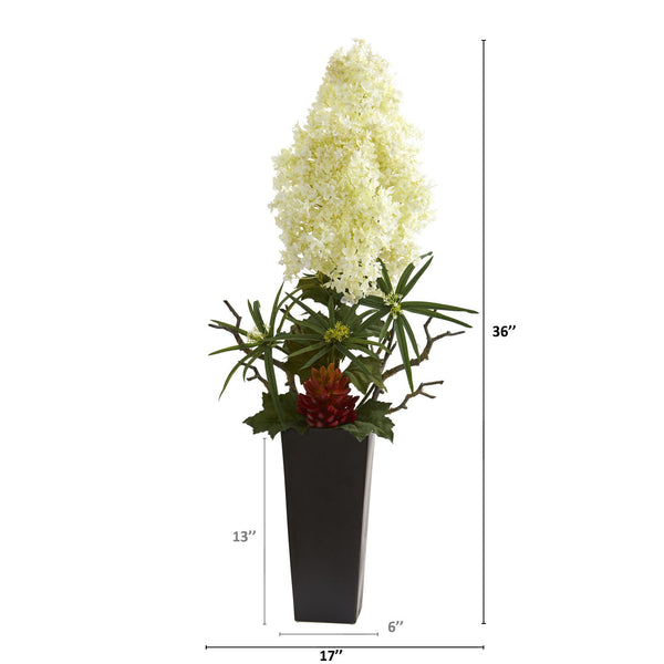3’ Peegee Hydrangea and Succulent Artificial Arrangement in Black Vase