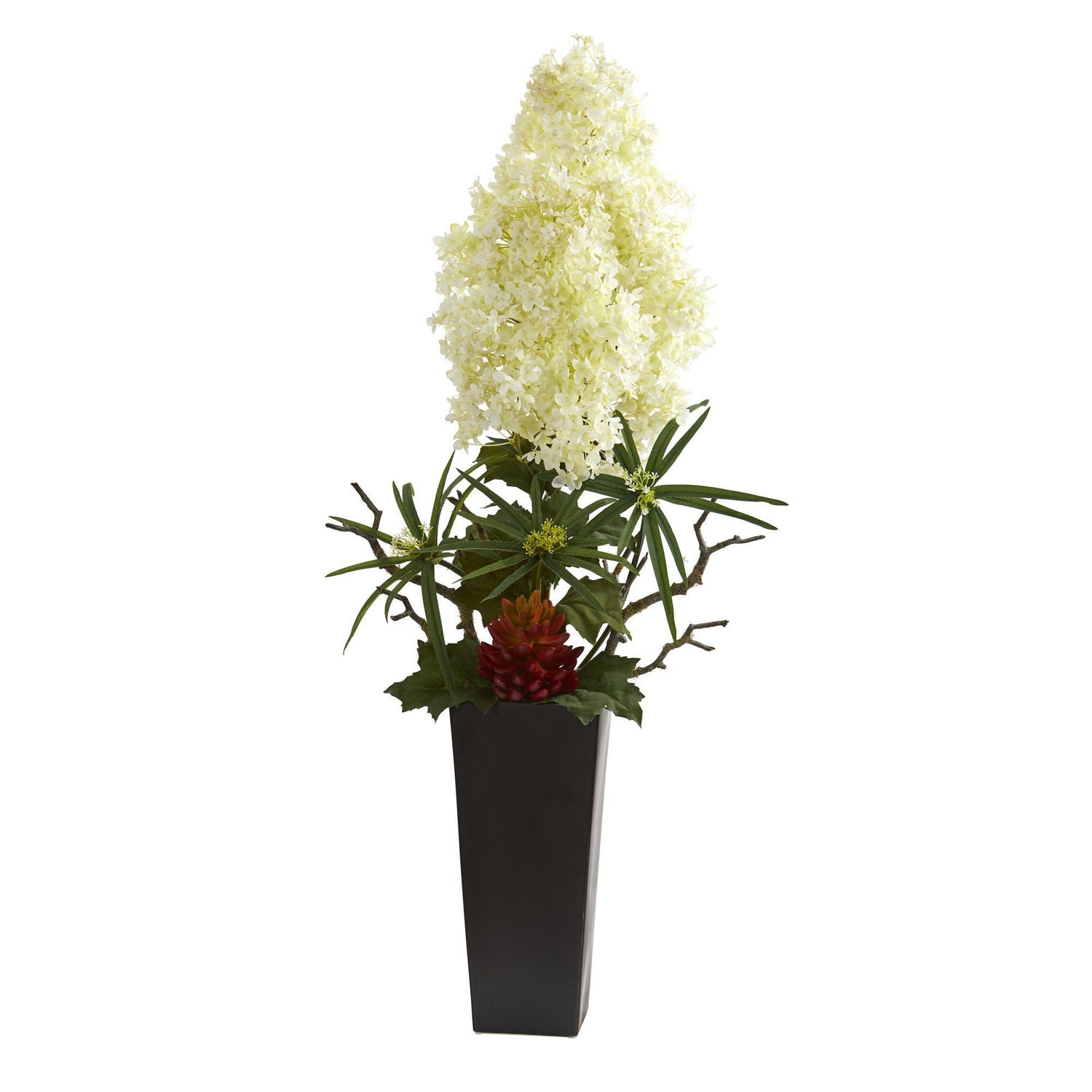 3’ Peegee Hydrangea and Succulent Artificial Arrangement in Black Vase