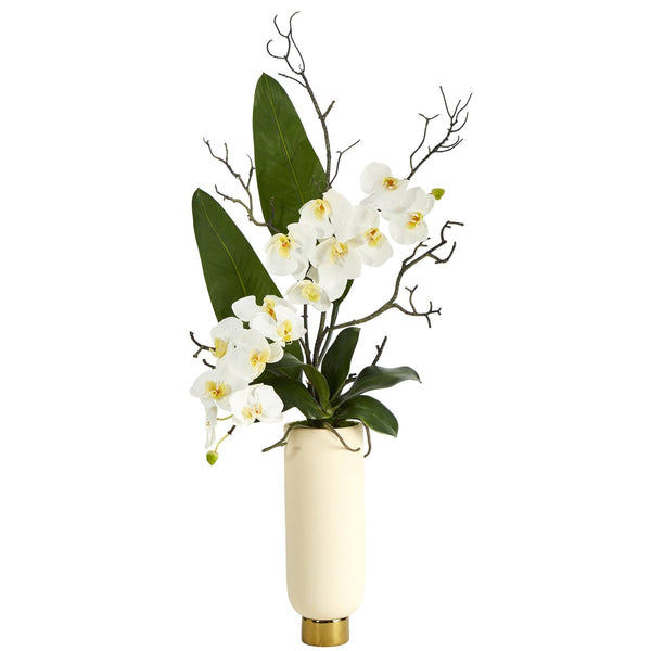 3’ Phalaenopsis Orchid Artificial Arrangement in Cream Vase with Gold Base
