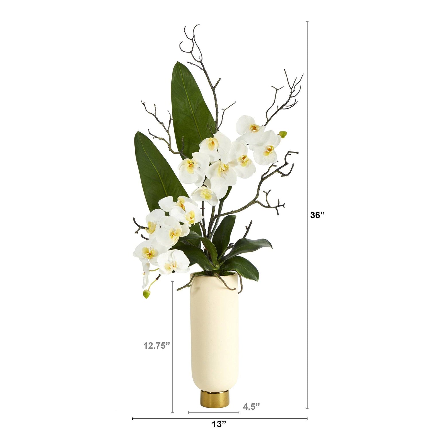 3’ Phalaenopsis Orchid Artificial Arrangement in Cream Vase with Gold Base