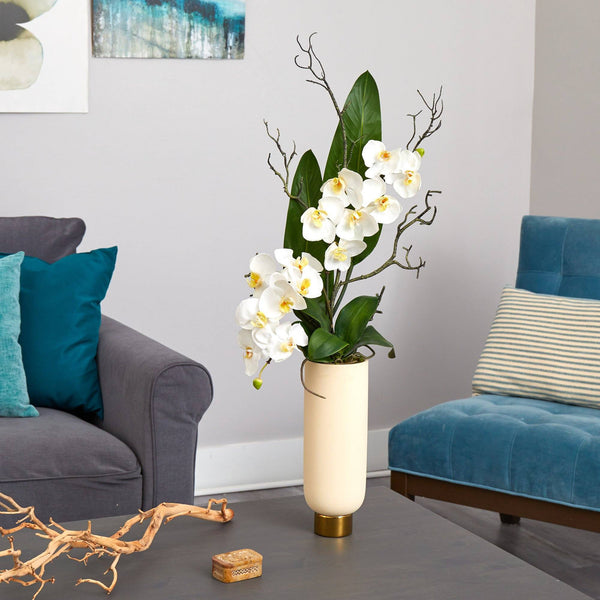3’ Phalaenopsis Orchid Artificial Arrangement in Cream Vase with Gold Base