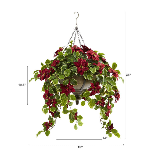 3’ Poinsettia and Variegated Holly Artificial Plant in Metal Hanging Bowl (Real Touch)