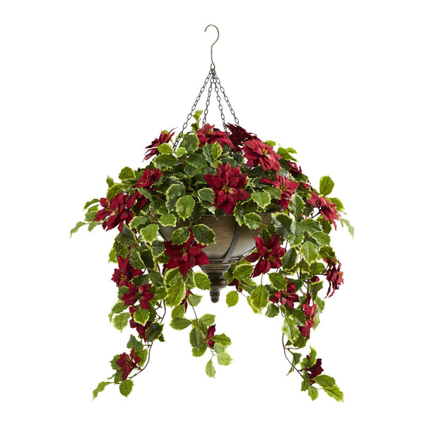 3’ Poinsettia and Variegated Holly Artificial Plant in Metal Hanging Bowl (Real Touch)