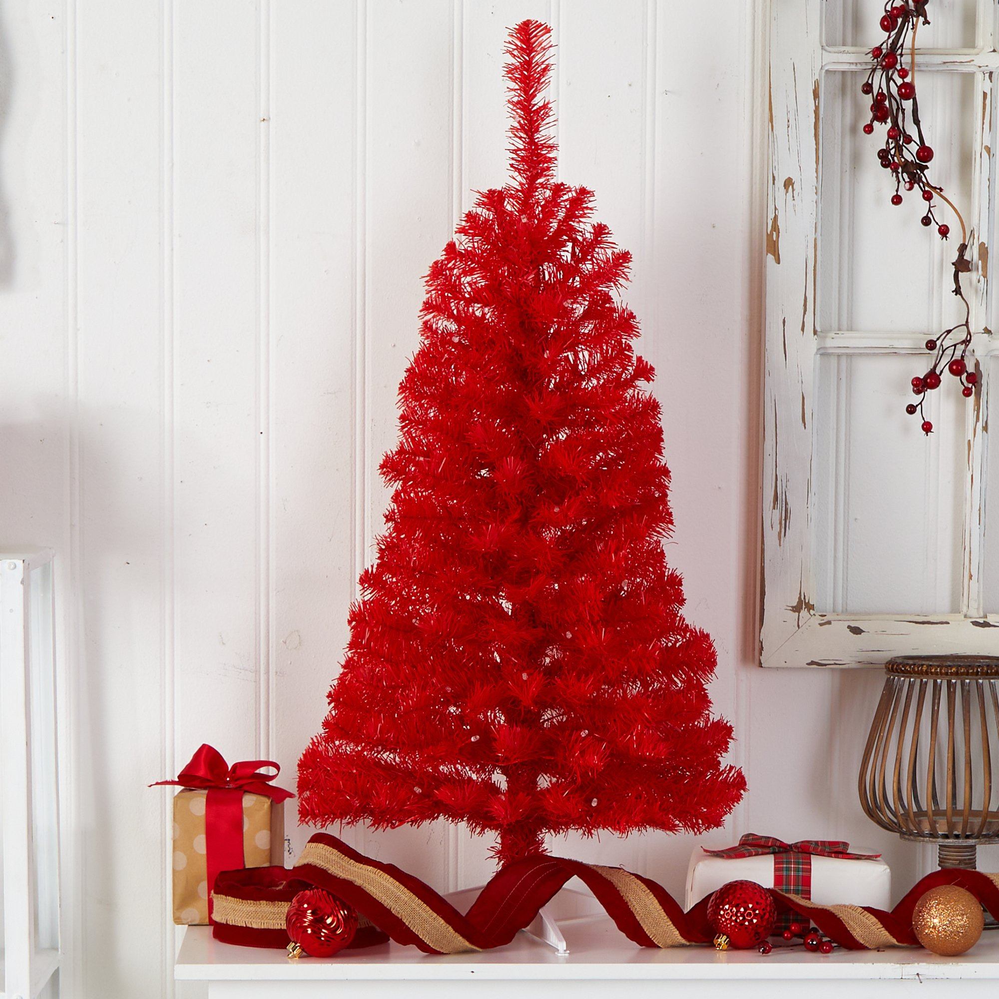 3' Red Artificial Christmas Tree with 50 LED Lights and 118