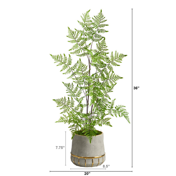 3’ Ruffle Fern Artificial Tree in Stoneware Planter with Gold Trimming