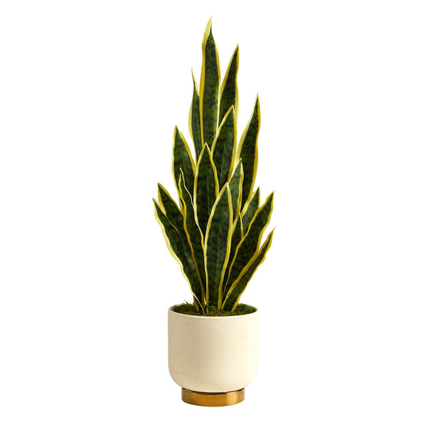 3’ Sansevieria Artificial Plant in Cream Planter with Gold Base