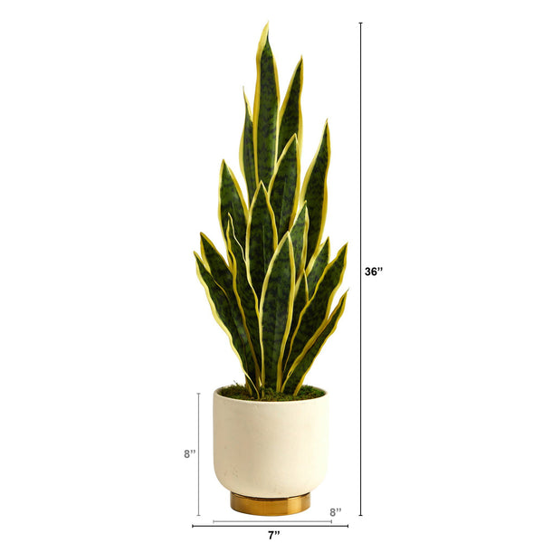 3’ Sansevieria Artificial Plant in Cream Planter with Gold Base