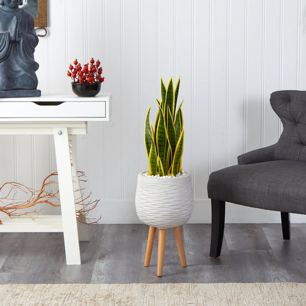 3’ Sansevieria Artificial Plant in White Planter with Stand