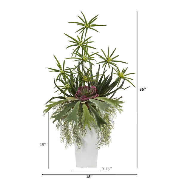3’ Staghorn, Succulent and Cyperus Artificial Plant in White Planter
