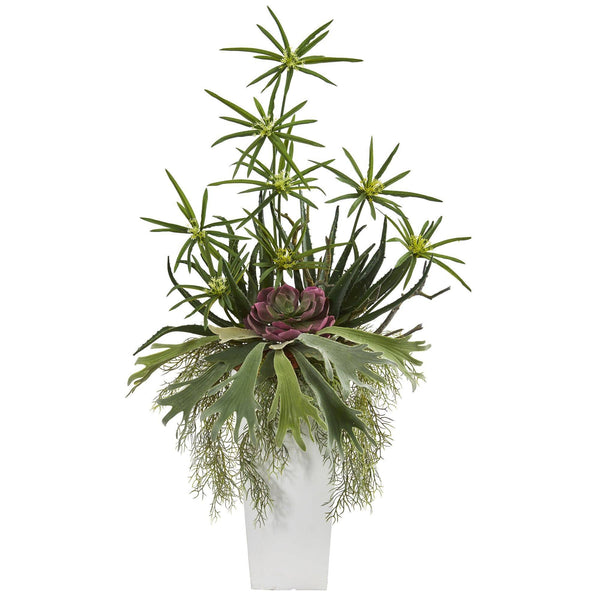 3’ Staghorn, Succulent and Cyperus Artificial Plant in White Planter
