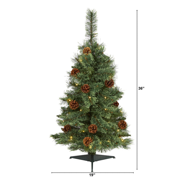 3’ White Mountain Pine Artificial Christmas Tree with 50 Clear LED Lights and Pine Cones