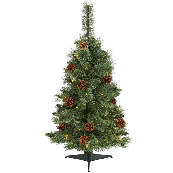 3’ White Mountain Pine Artificial Christmas Tree with 50 Clear LED Lights and Pine Cones
