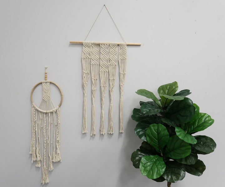 Nearly Natural 24 in. x 10 in. Handmade Bohemian Macrame Dreamcatcher Wall Hanging Decor, Ivory